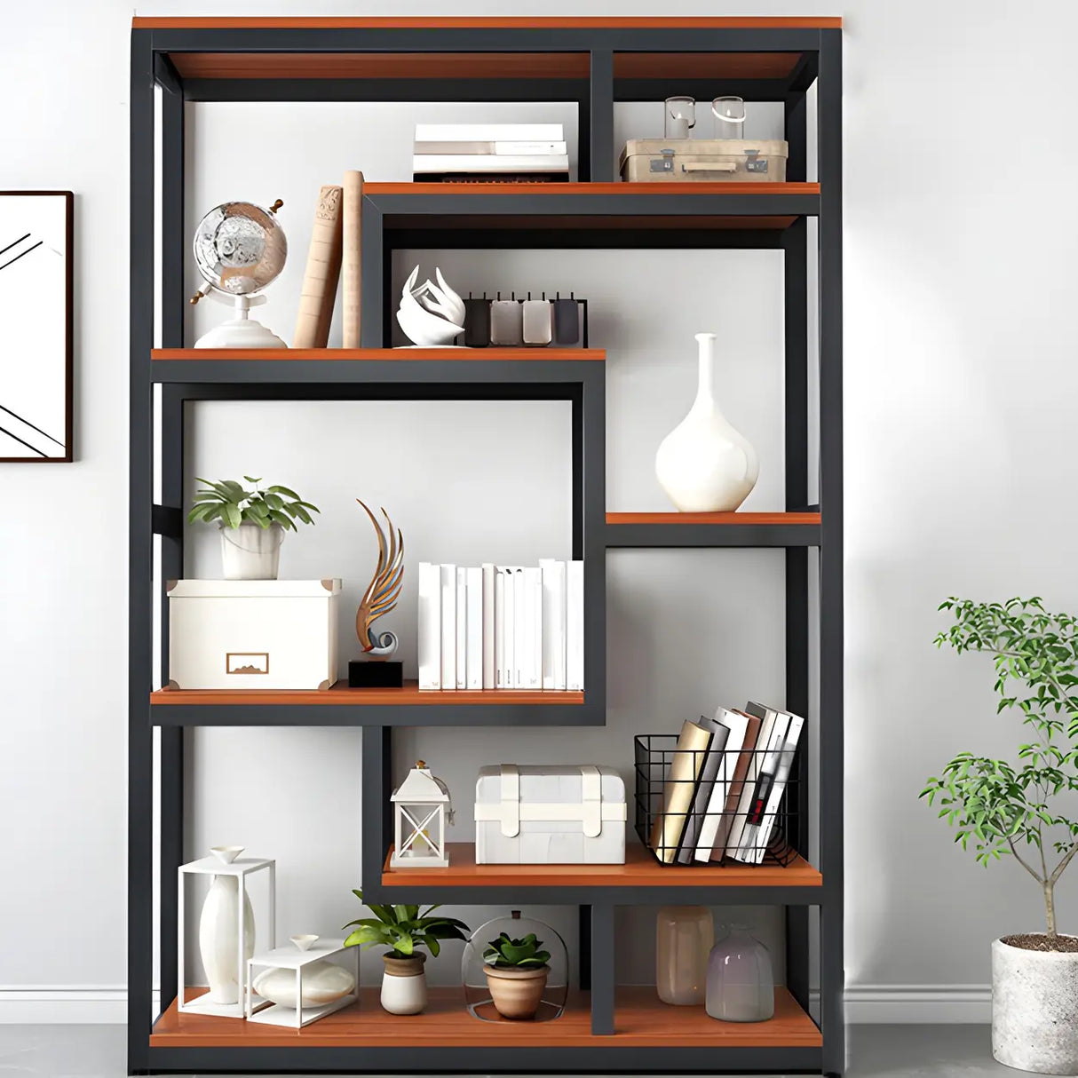 Geometric Metal Wood Black Large Open Back Bookcase Image - 5