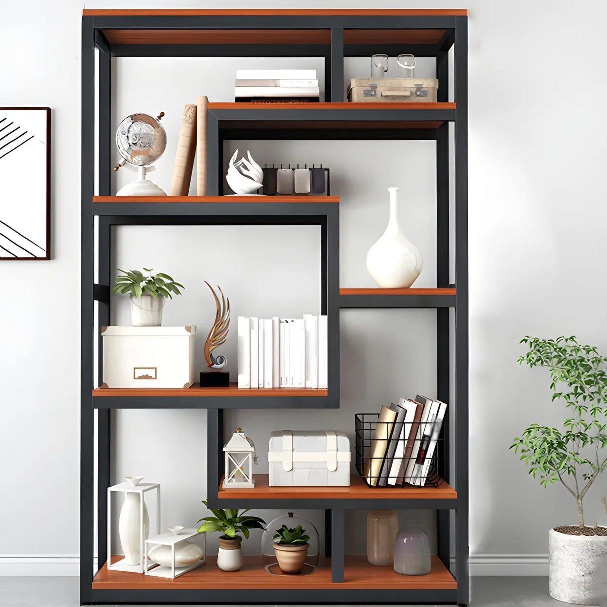 Geometric Metal Wood Black Large Open Back Bookcase Image - 6
