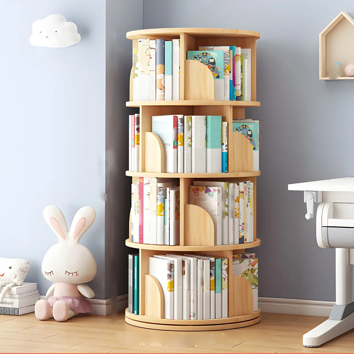 Geometric Open Storage Wood Rotating Round Bookshelf Image - 10