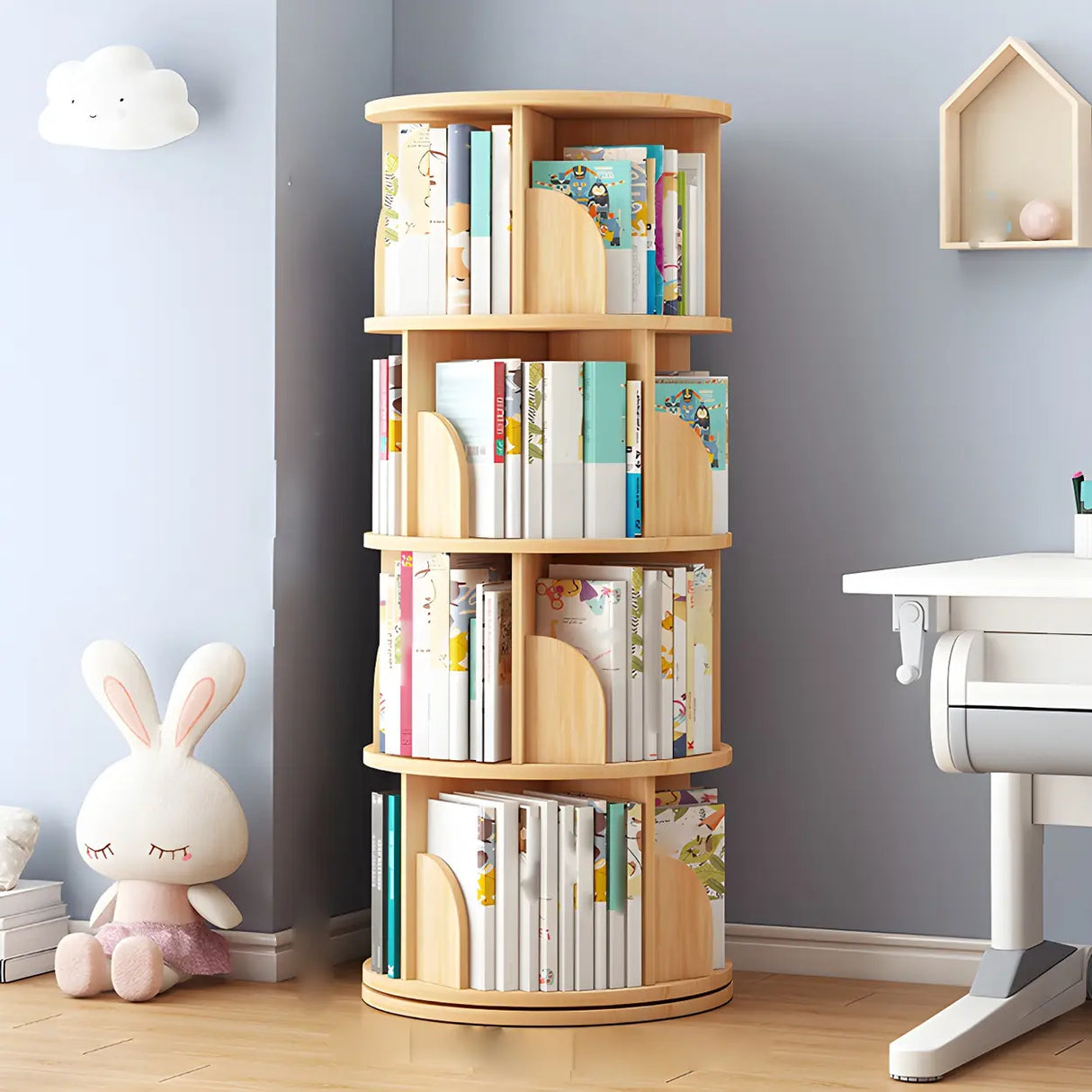Geometric Open Storage Wood Rotating Round Bookshelf Image - 12