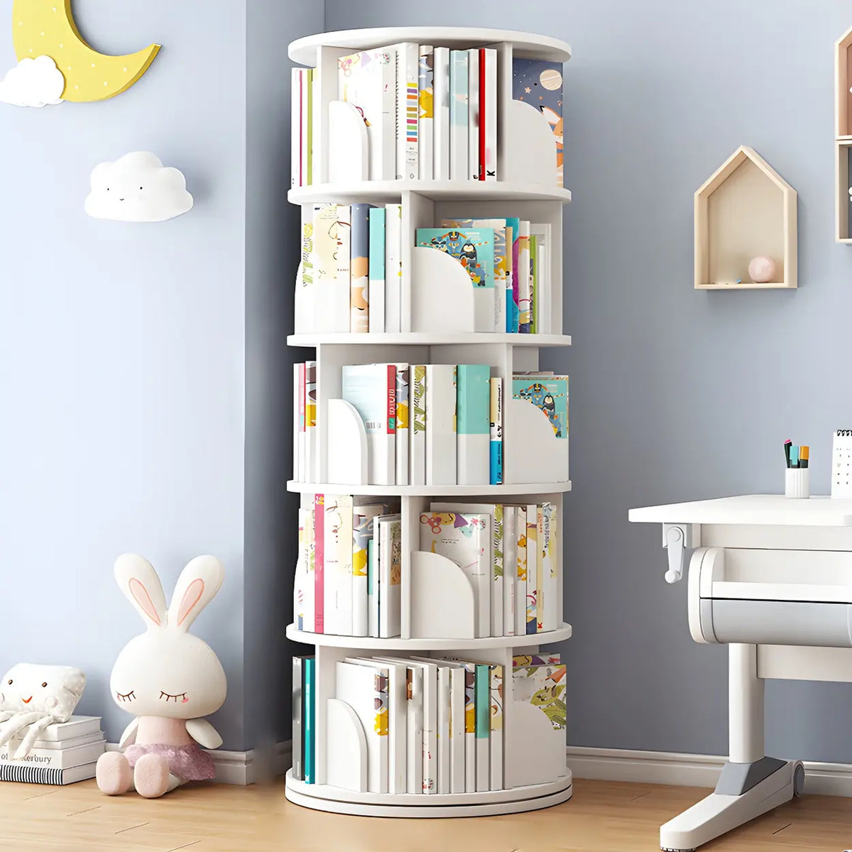 Geometric Open Storage Wood Rotating Round Bookshelf Image - 13