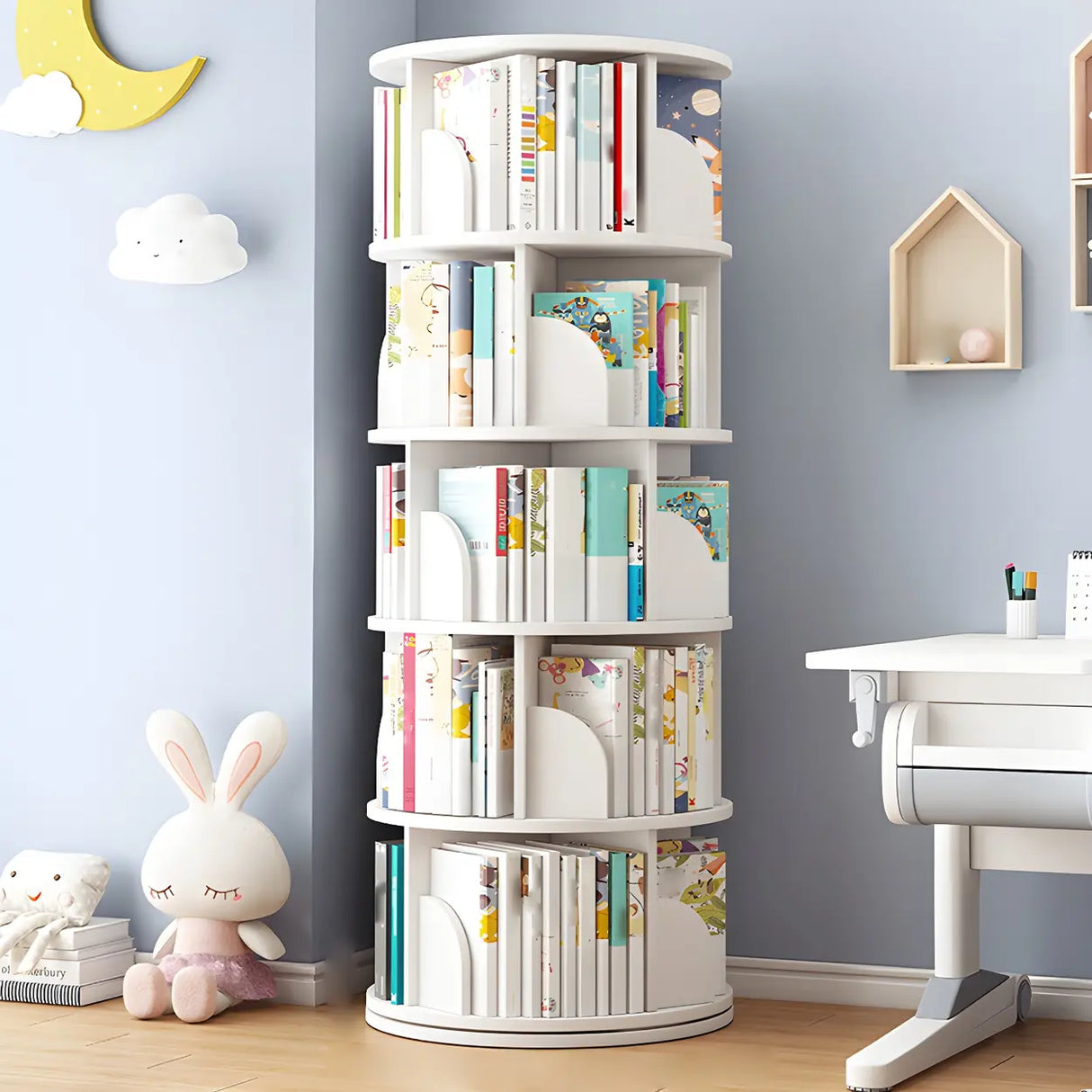 Geometric Open Storage Wood Rotating Round Bookshelf Image - 13