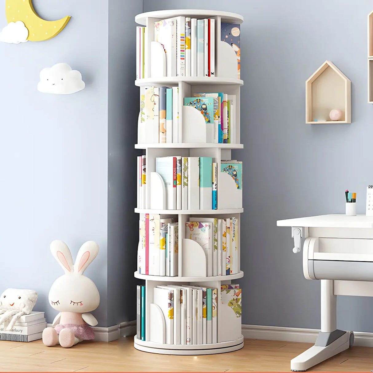 Geometric Open Storage Wood Rotating Round Bookshelf Image - 15