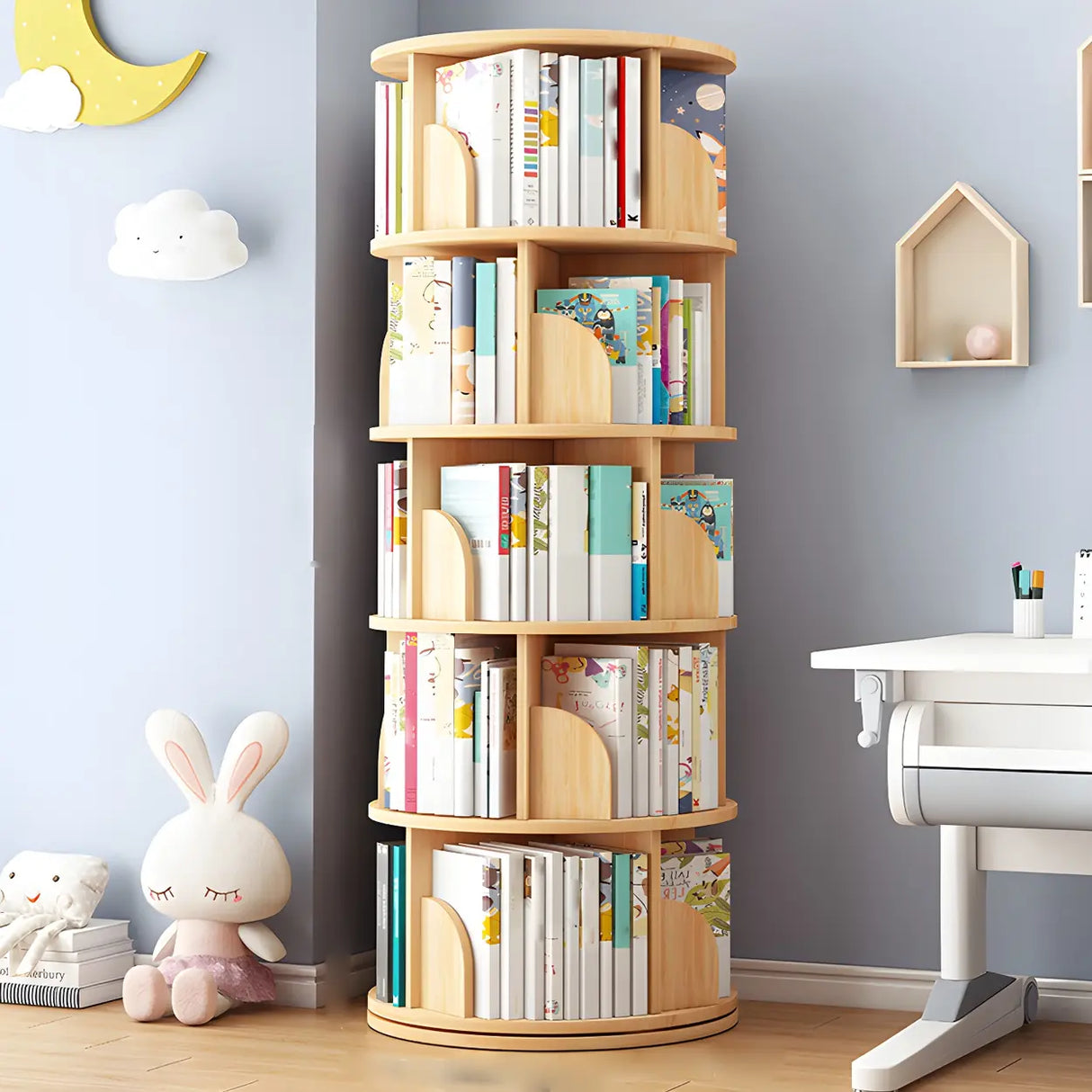 Geometric Open Storage Wood Rotating Round Bookshelf Image - 17