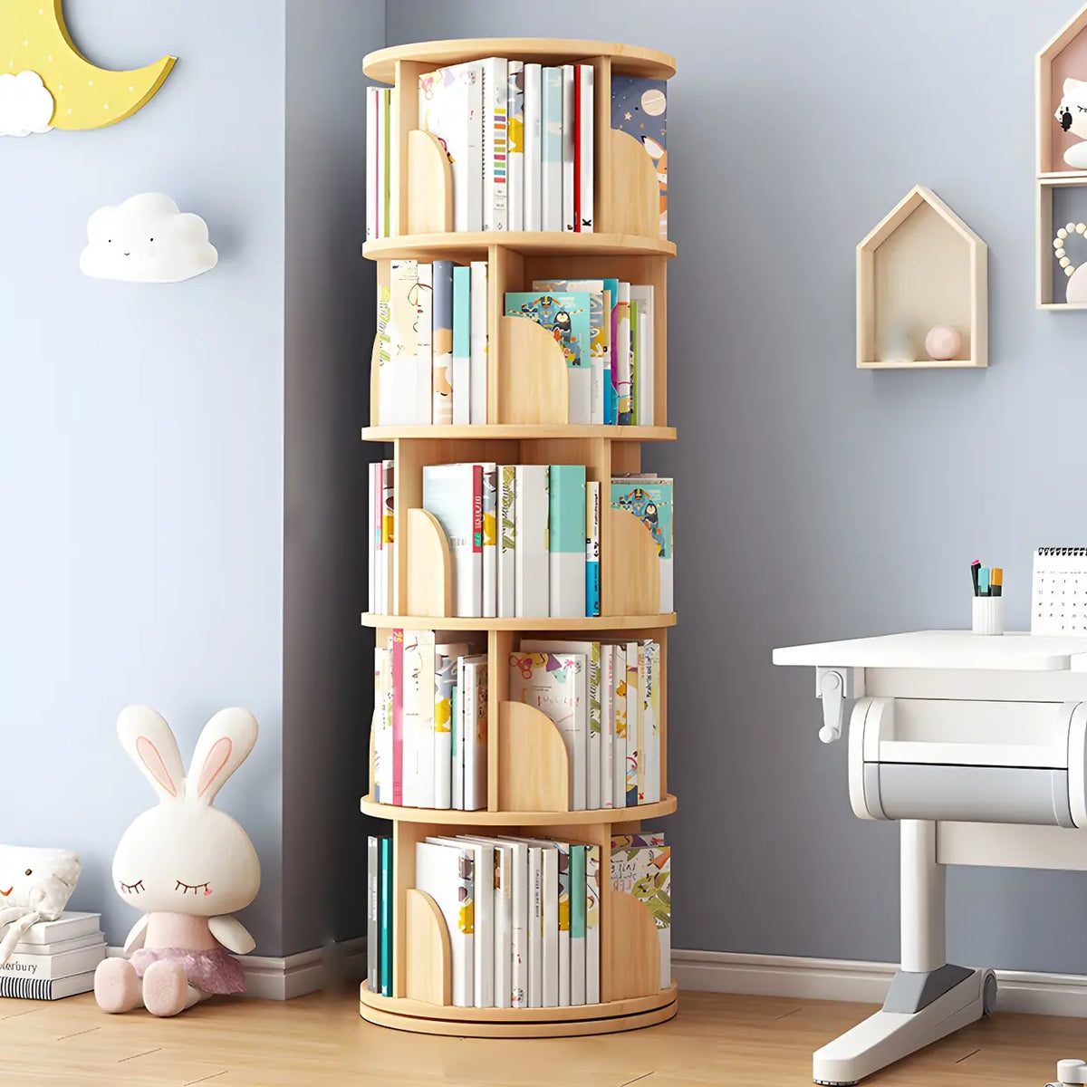 Geometric Open Storage Wood Rotating Round Bookshelf Image - 19