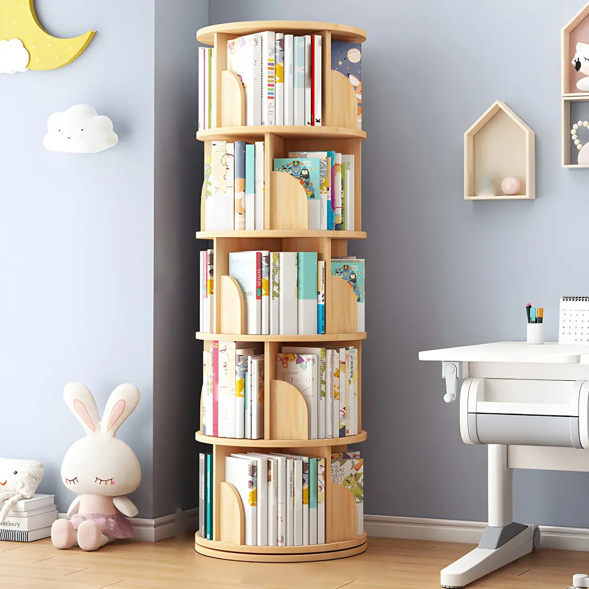 Geometric Open Storage Wood Rotating Round Bookshelf Image - 19