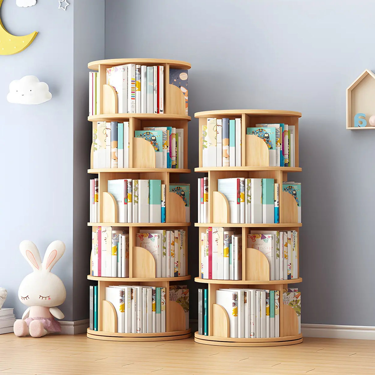 Geometric Open Storage Wood Rotating Round Bookshelf Image - 1