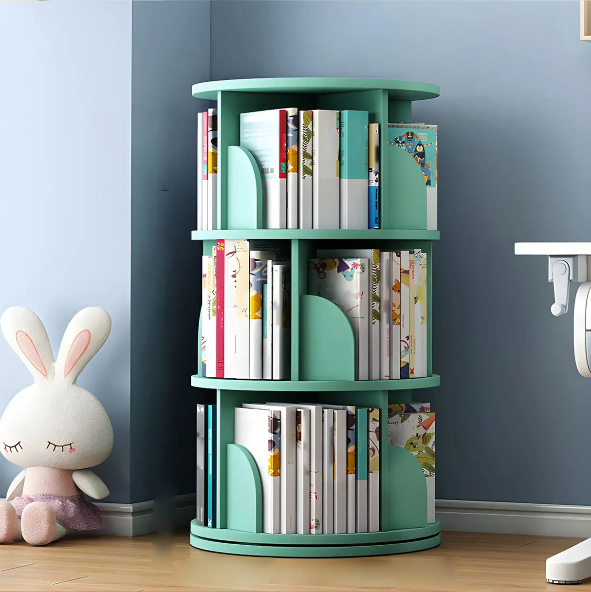 Geometric Open Storage Wood Rotating Round Bookshelf Image - 20