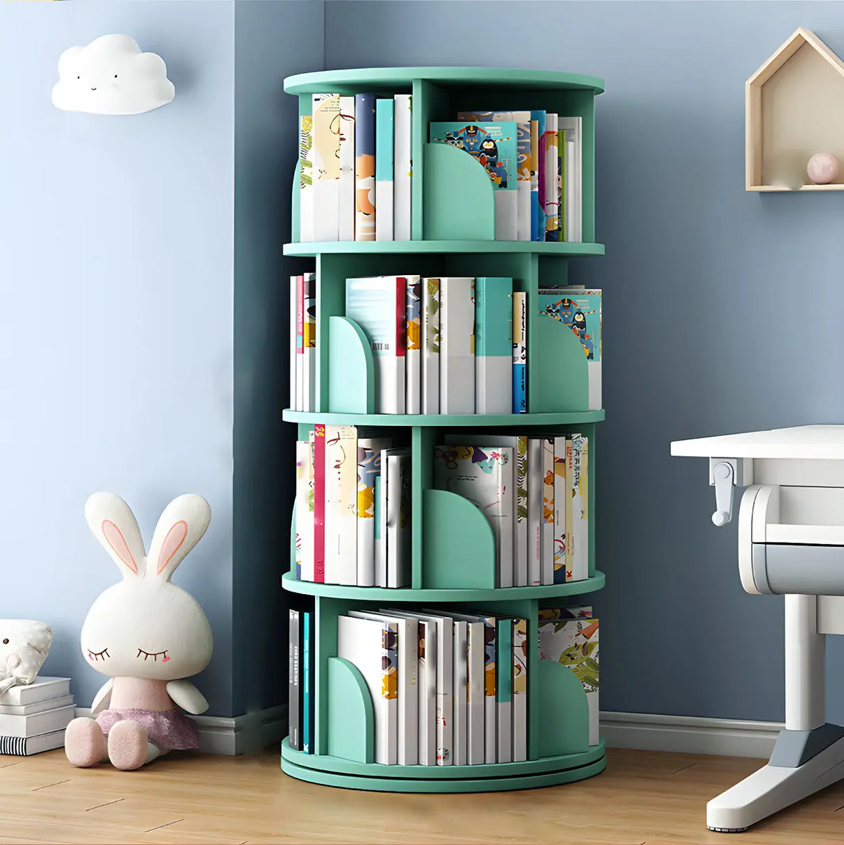 Geometric Open Storage Wood Rotating Round Bookshelf Image - 21