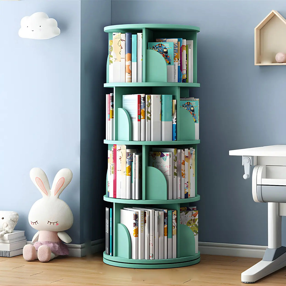 Geometric Open Storage Wood Rotating Round Bookshelf Image - 22