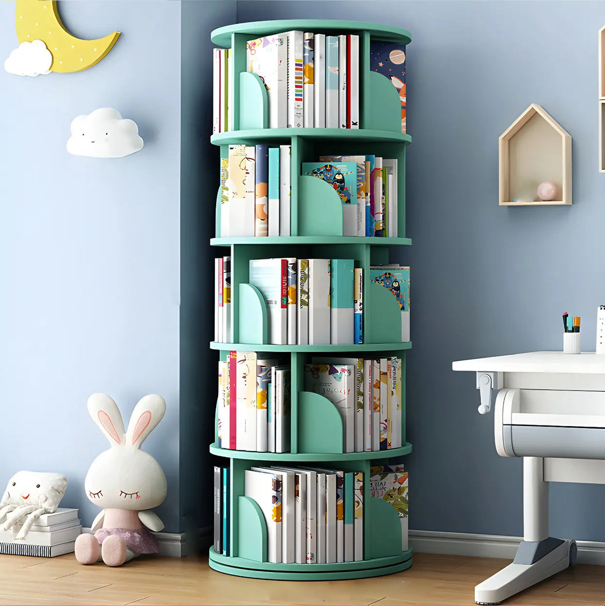 Geometric Open Storage Wood Rotating Round Bookshelf Image - 23
