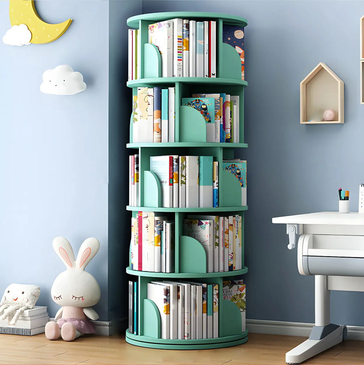 Geometric Open Storage Wood Rotating Round Bookshelf Image - 23