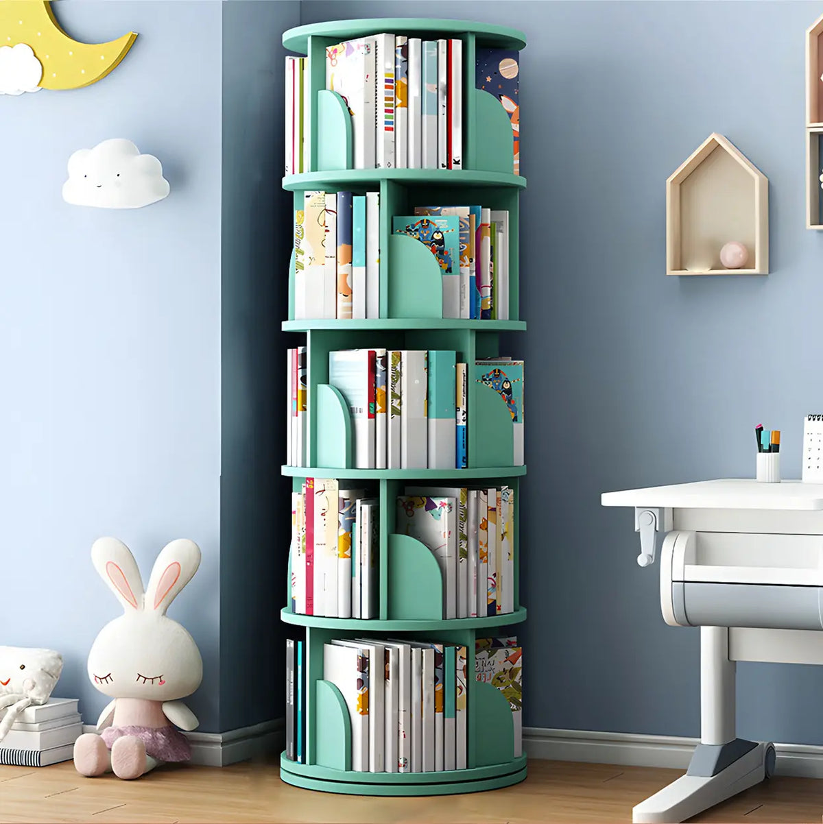 Geometric Open Storage Wood Rotating Round Bookshelf Image - 24