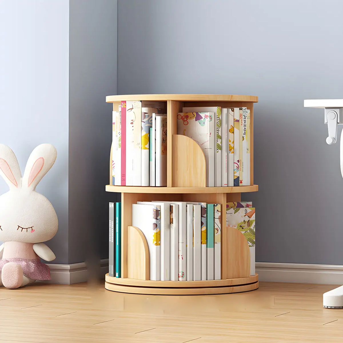 Geometric Open Storage Wood Rotating Round Bookshelf Image - 2