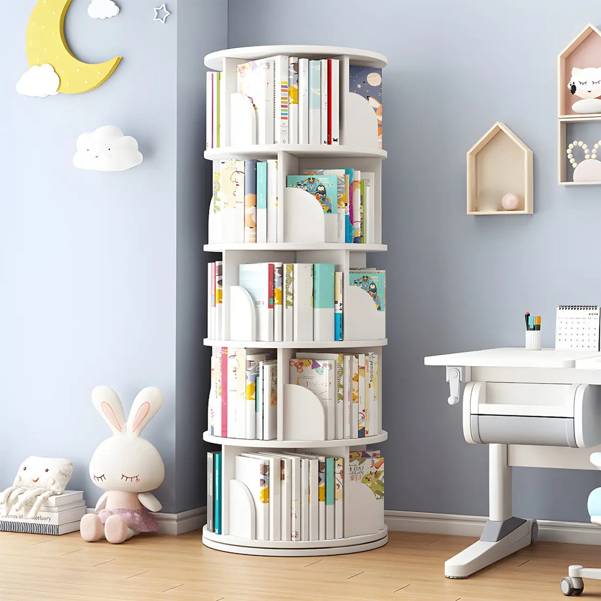 Geometric Open Storage Wood Rotating Round Bookshelf Image - 3