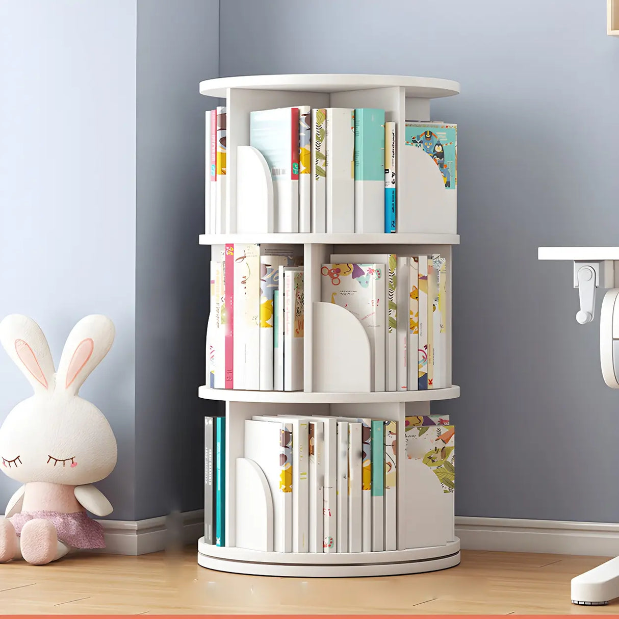 Geometric Open Storage Wood Rotating Round Bookshelf Image - 4