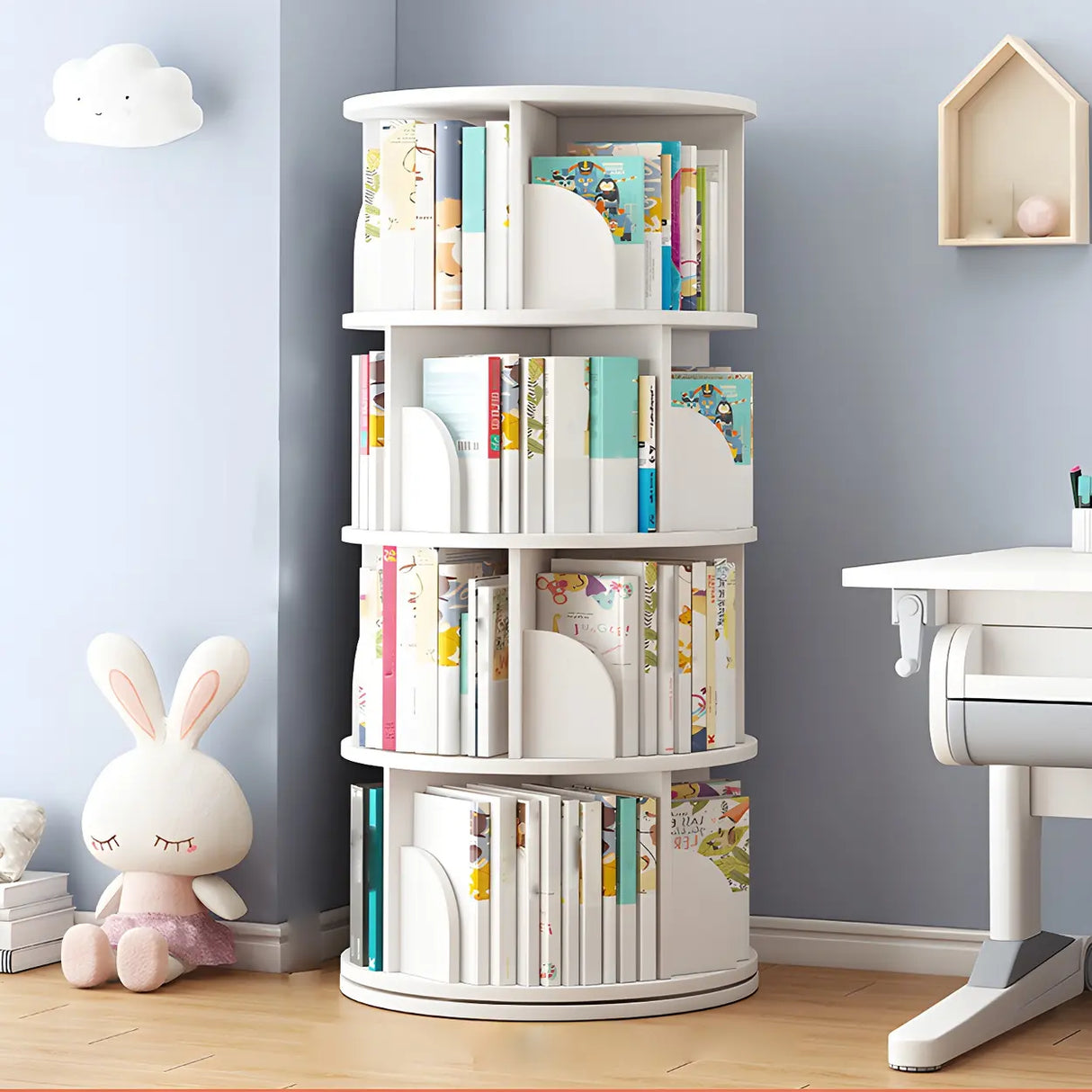 Geometric Open Storage Wood Rotating Round Bookshelf Image - 5