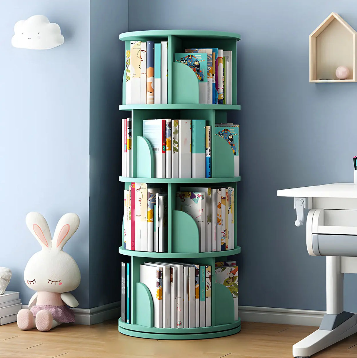 Geometric Open Storage Wood Rotating Round Bookshelf Image - 6
