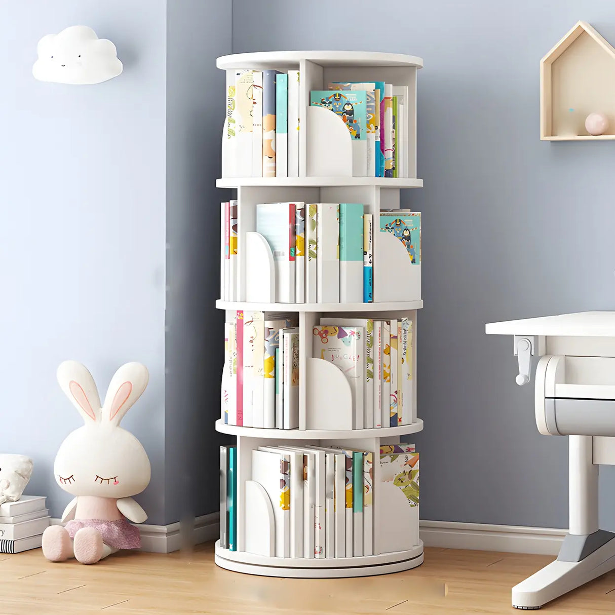 Geometric Open Storage Wood Rotating Round Bookshelf Image - 7