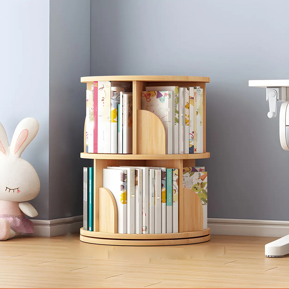 Geometric Open Storage Wood Rotating Round Bookshelf Image - 8
