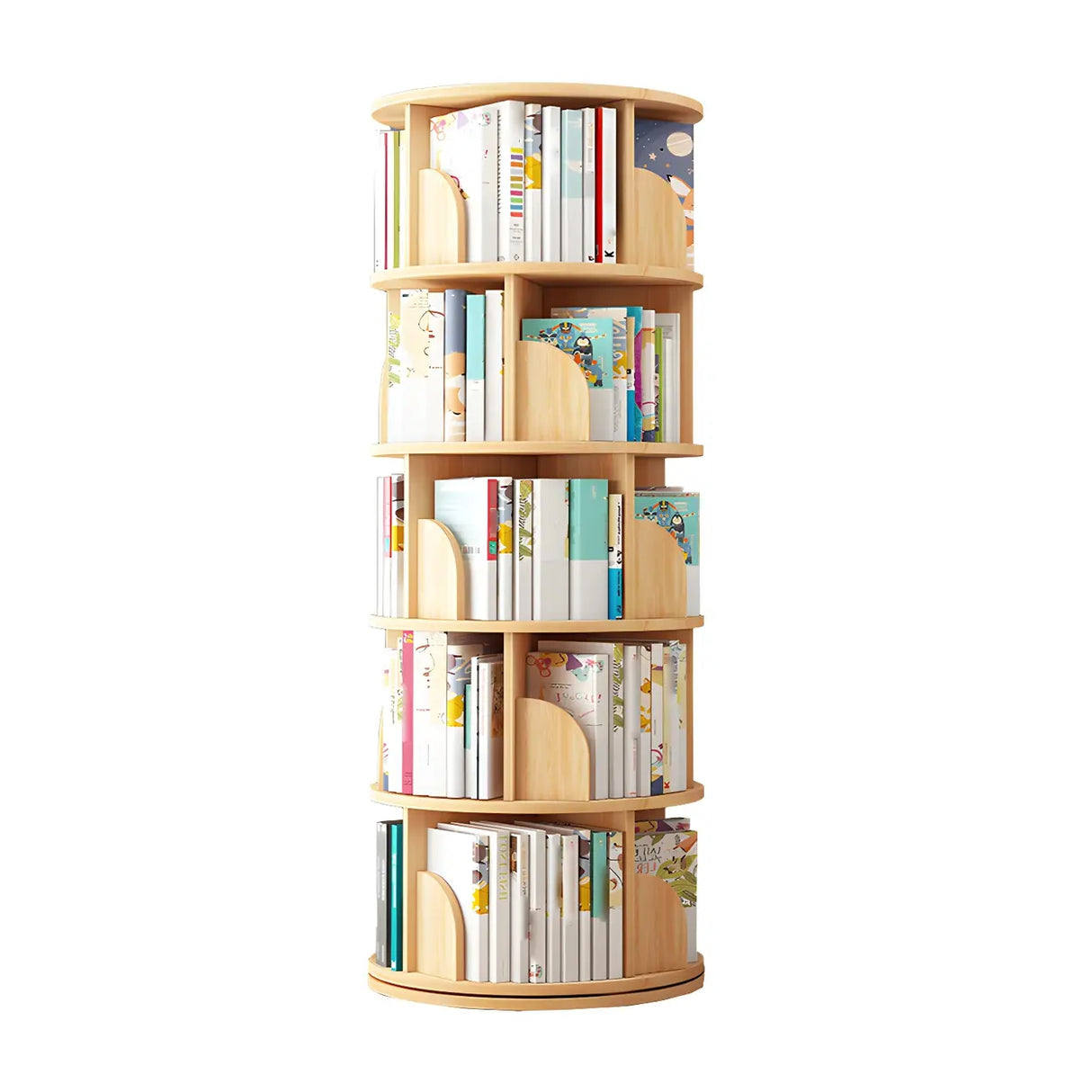 Geometric Open Storage Wood Rotating Round Bookshelf Image - 9