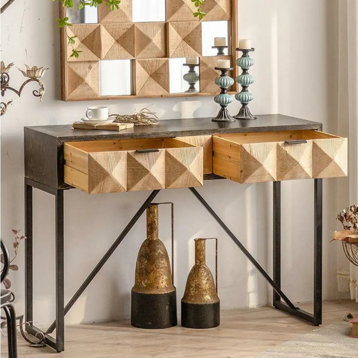 Geometric Wood Black Console Table with Storage Drawers Image - 10