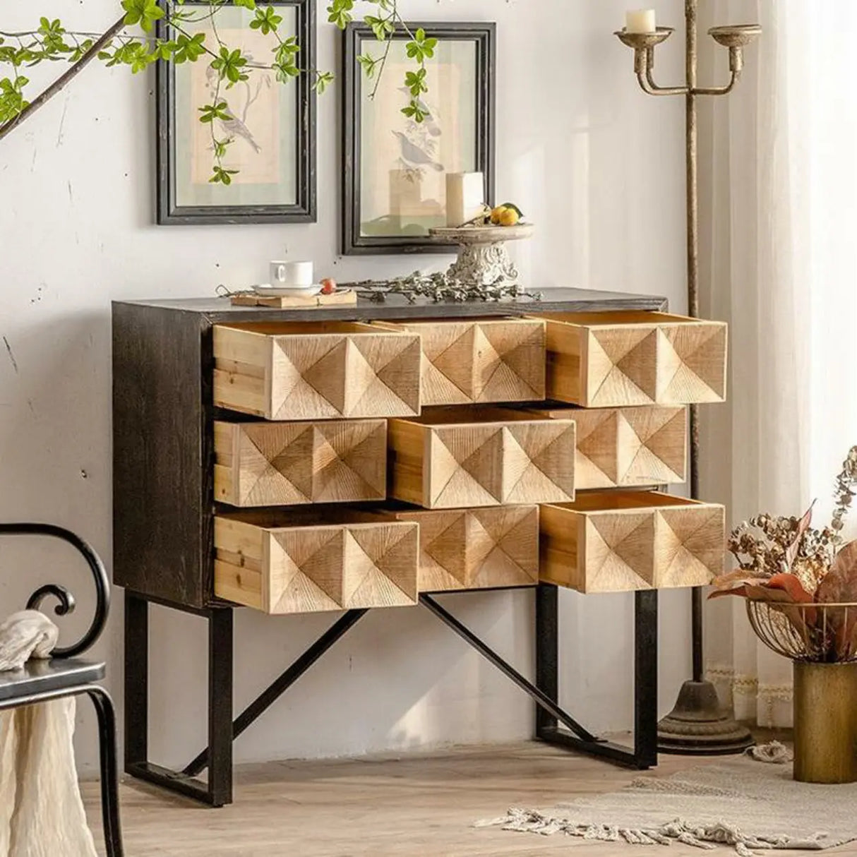Geometric Wood Black Console Table with Storage Drawers Image - 1