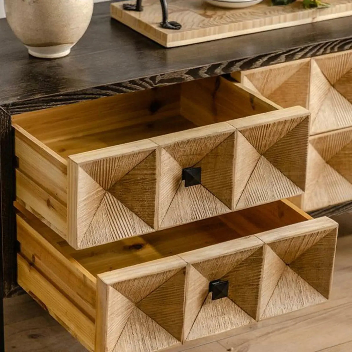 Geometric Wood Black Console Table with Storage Drawers Image - 3