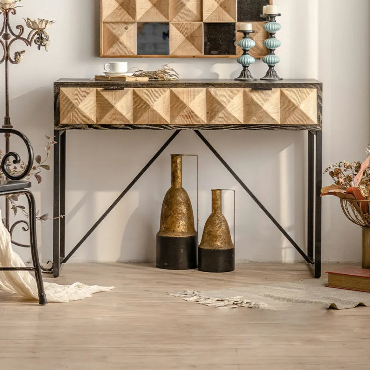 Geometric Wood Black Console Table with Storage Drawers Image - 4