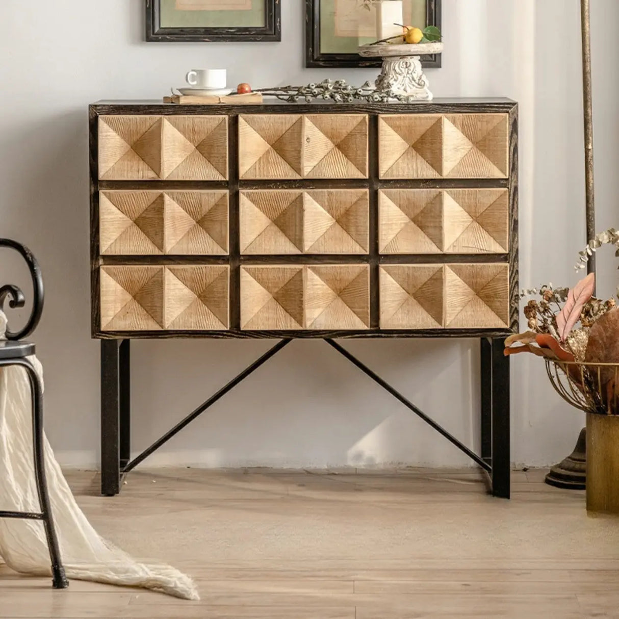 Geometric Wood Black Console Table with Storage Drawers Image - 6