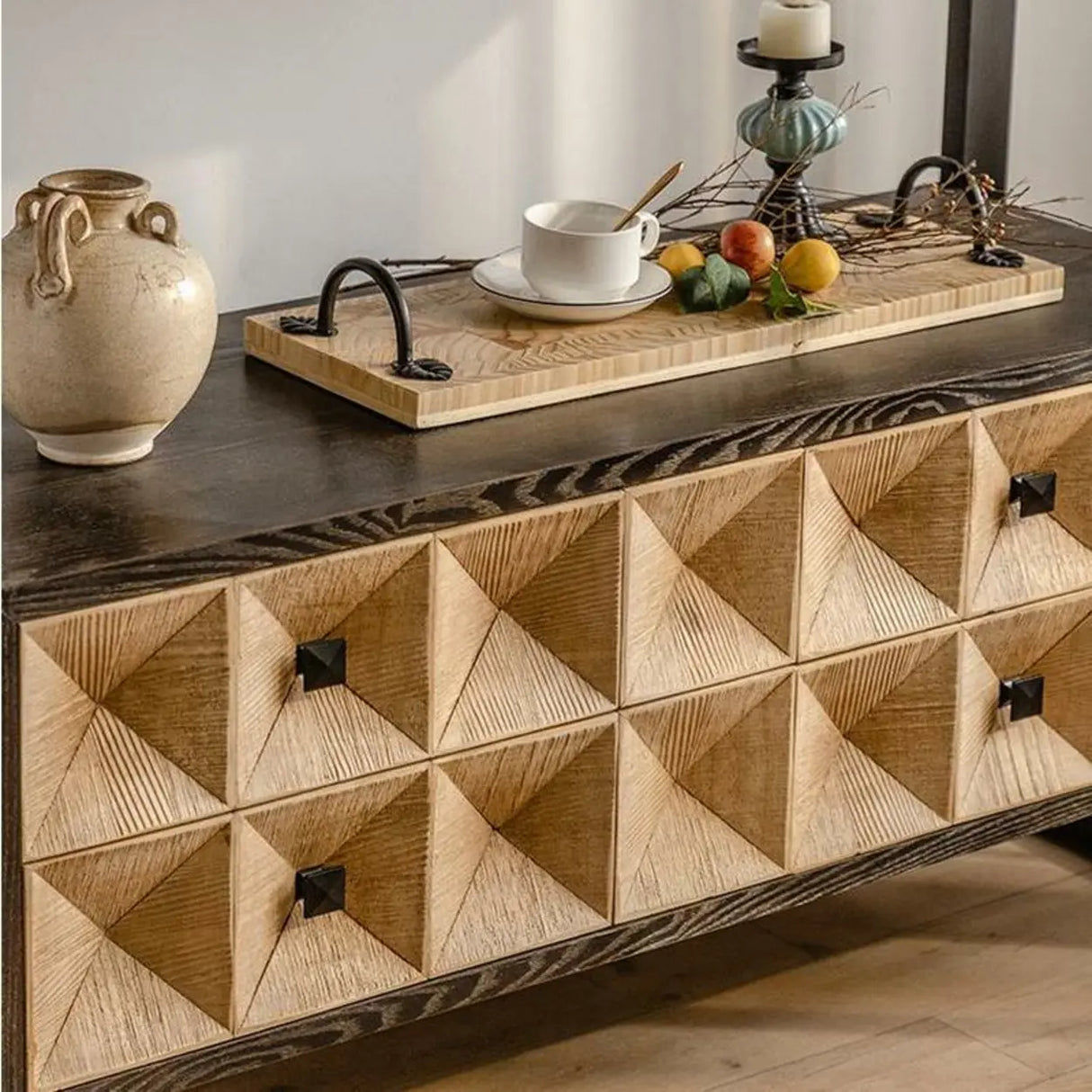 Geometric Wood Black Console Table with Storage Drawers Image - 7