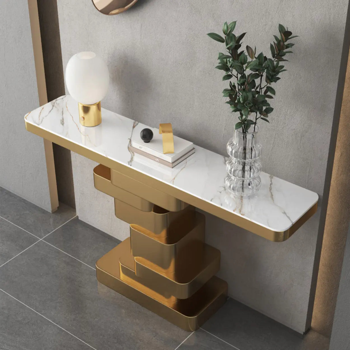 Glam Abstract Gold Metal Console Table with Stone Top Image - 6