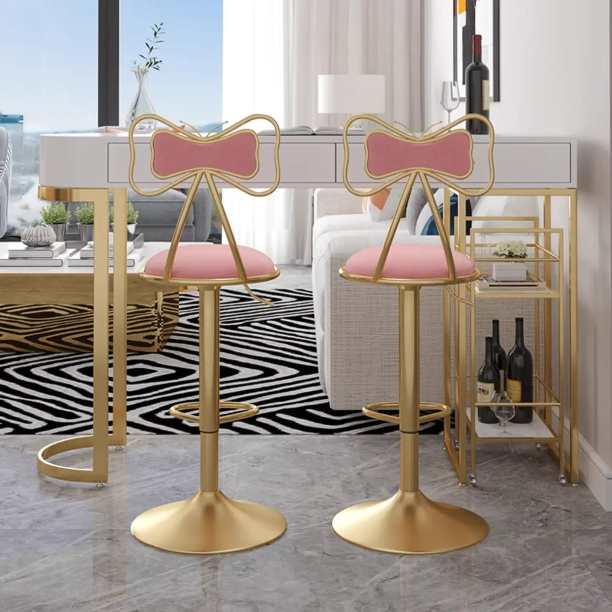 Glam Adjustable Swivel Fabric Bow-knot Back Bar Stool Image - 3