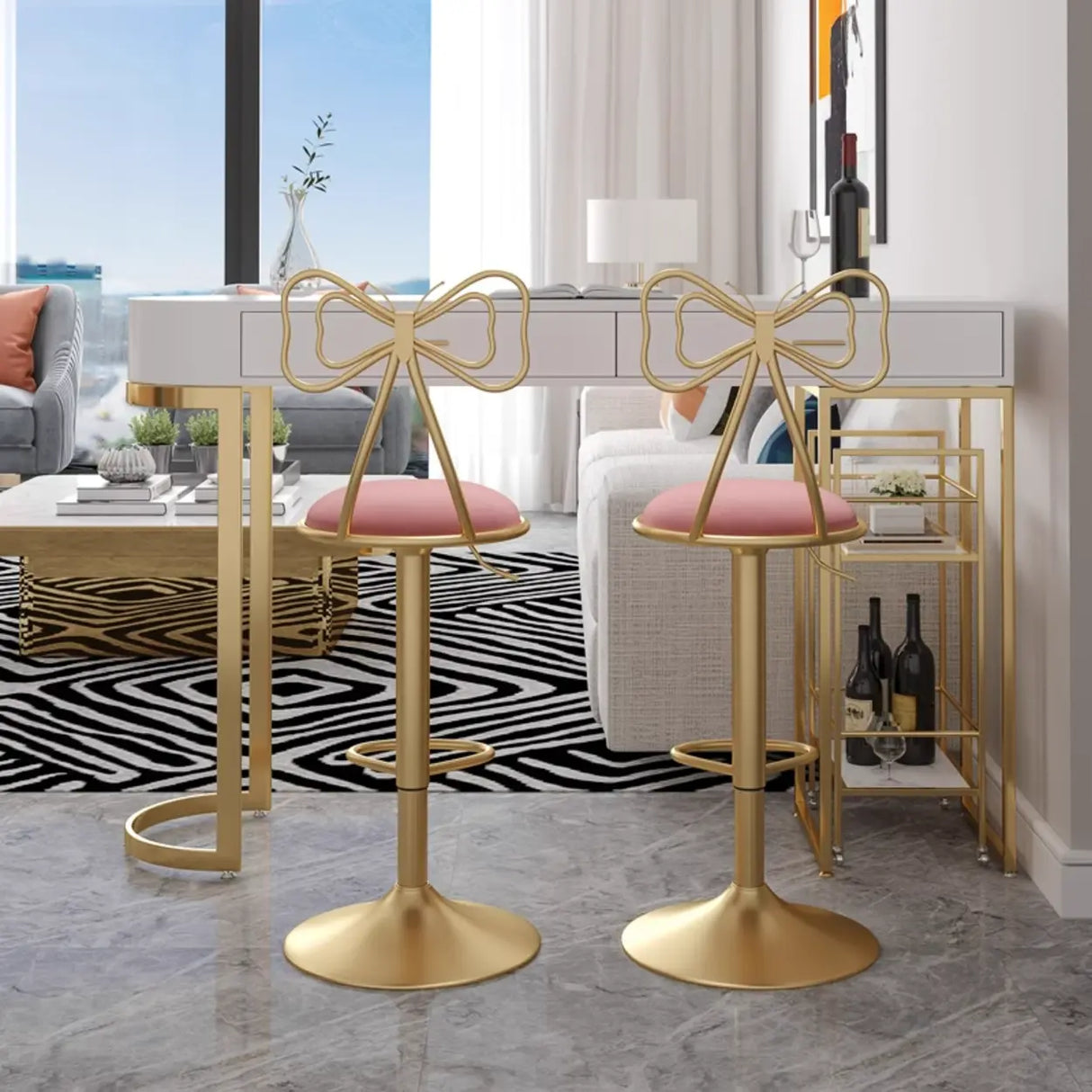 Glam Adjustable Swivel Fabric Bow-knot Back Bar Stool Image - 6