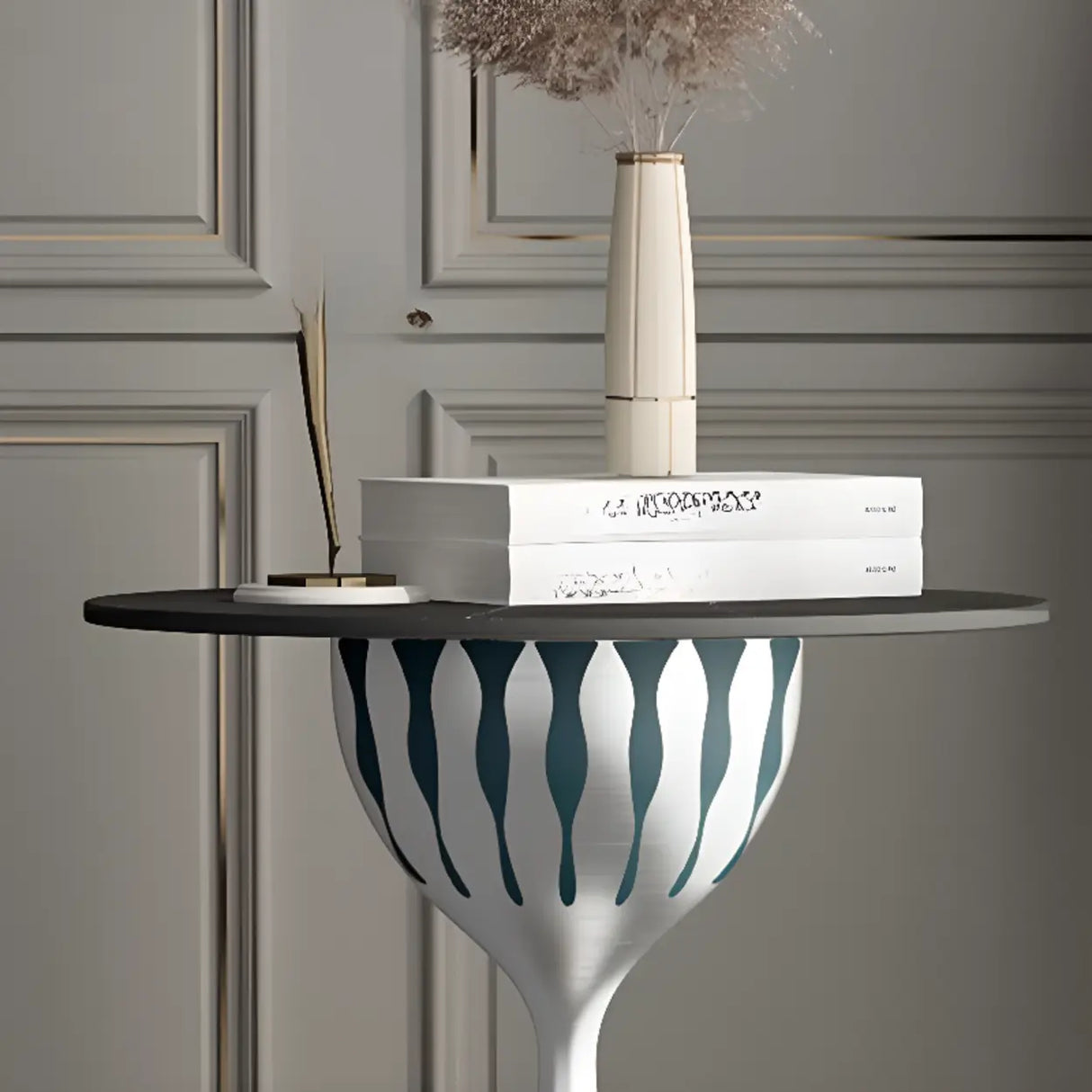 Glam Art Deco Patterned Metal Pedestal Round Side Table Image - 12