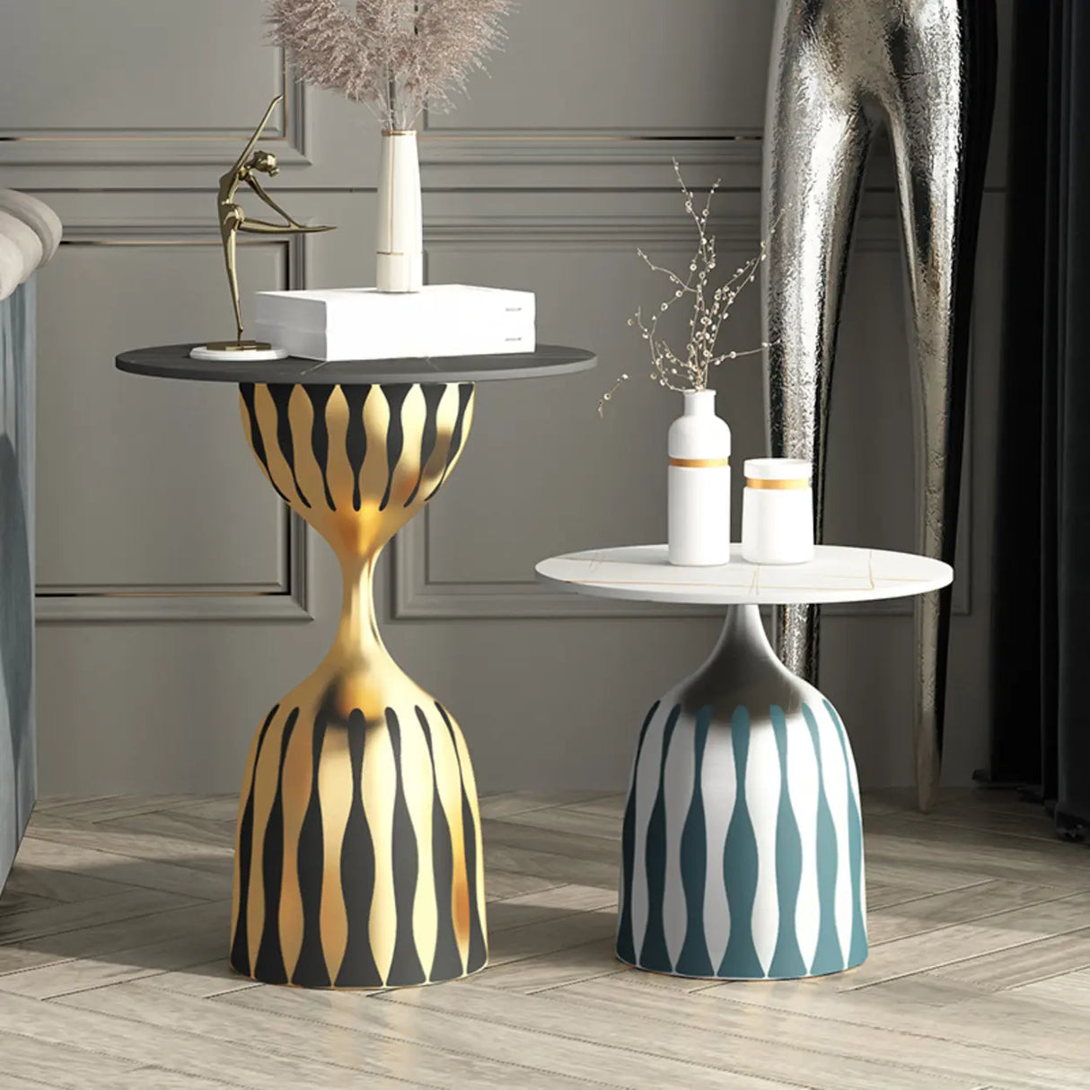 Glam Art Deco Patterned Metal Pedestal Round Side Table Image - 3