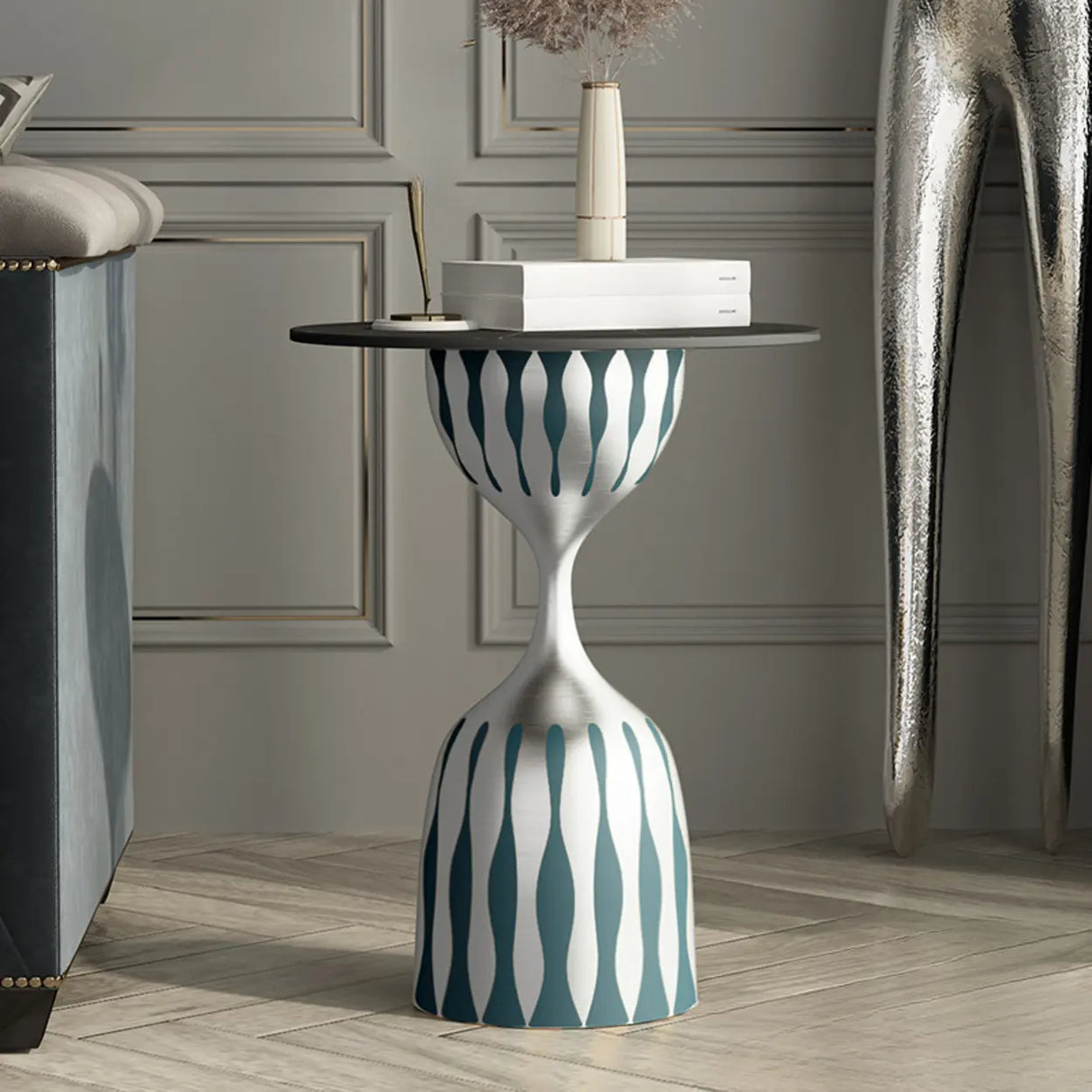 Glam Art Deco Patterned Metal Pedestal Round Side Table Image - 6