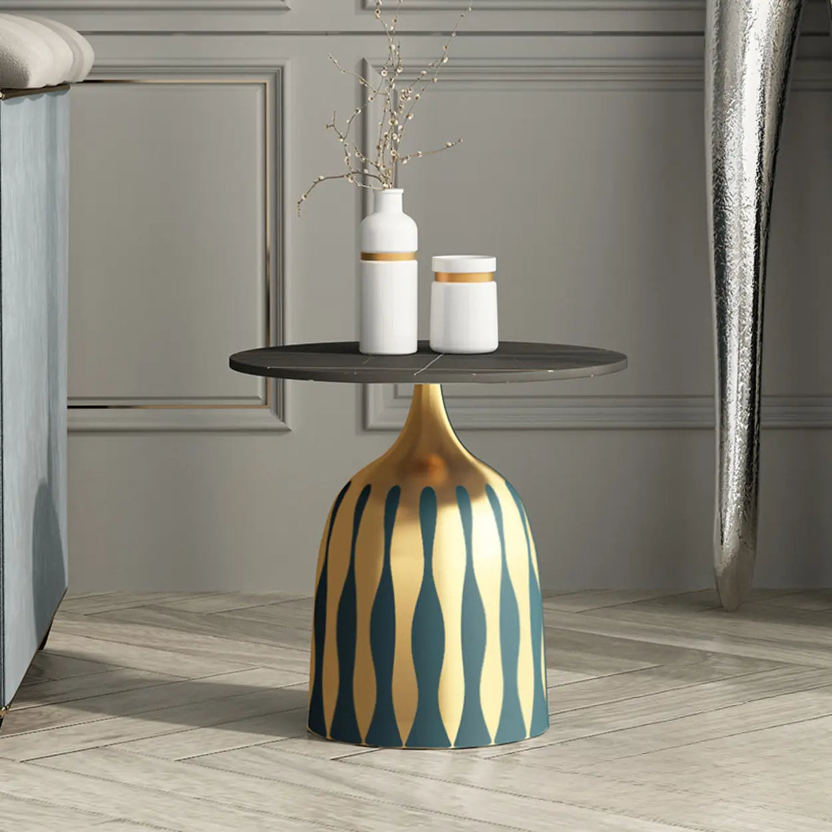 Glam Art Deco Patterned Metal Pedestal Round Side Table Image - 7