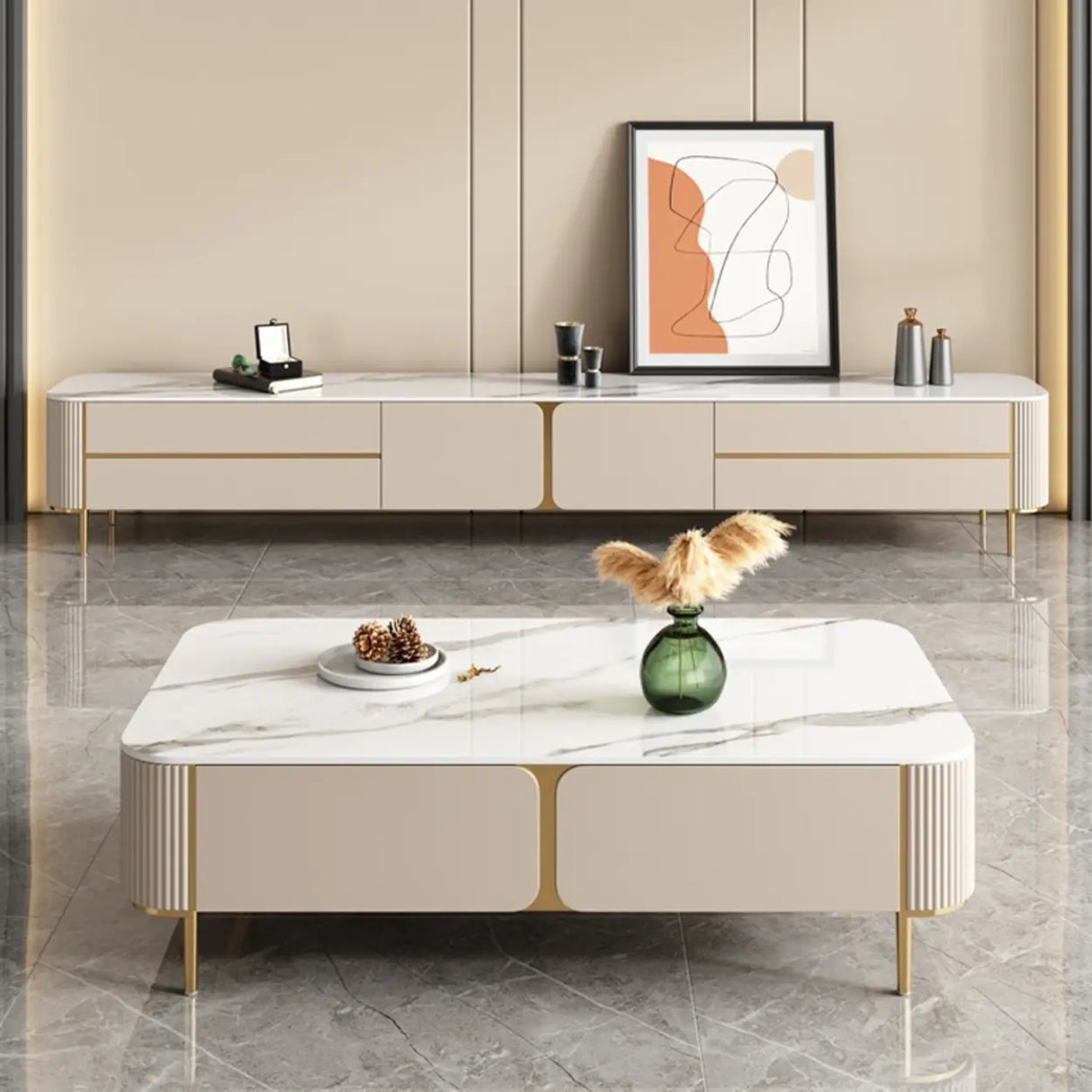 Glam Beige Stone Rectangle Drawers Cabinet TV Stand Image - 1
