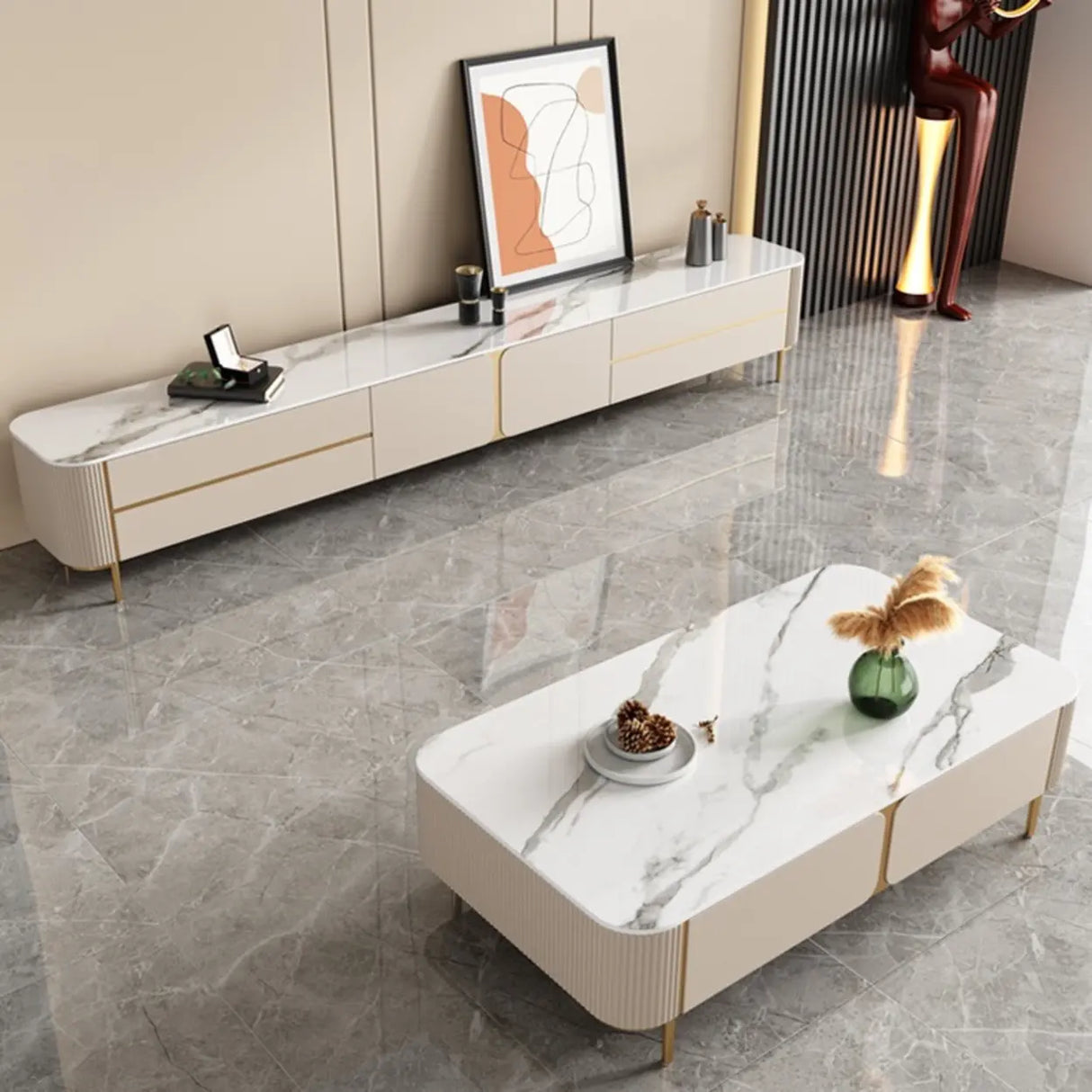 Glam Beige Stone Rectangle Drawers Cabinet TV Stand Image - 2