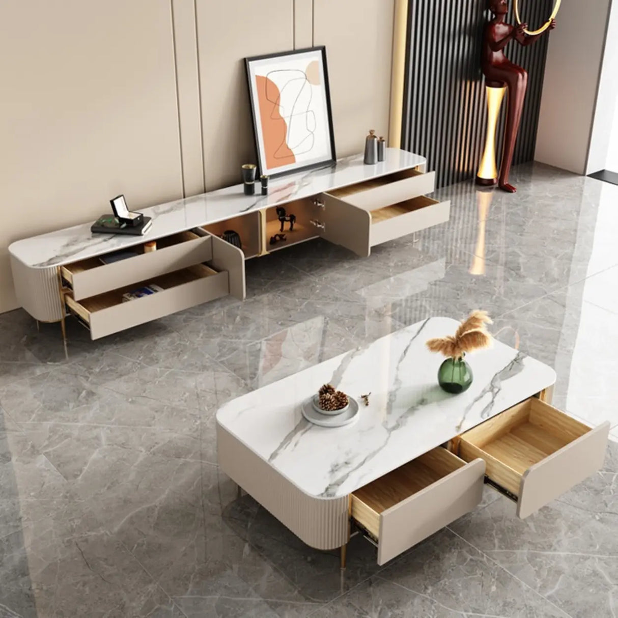 Glam Beige Stone Rectangle Drawers Cabinet TV Stand Image - 3