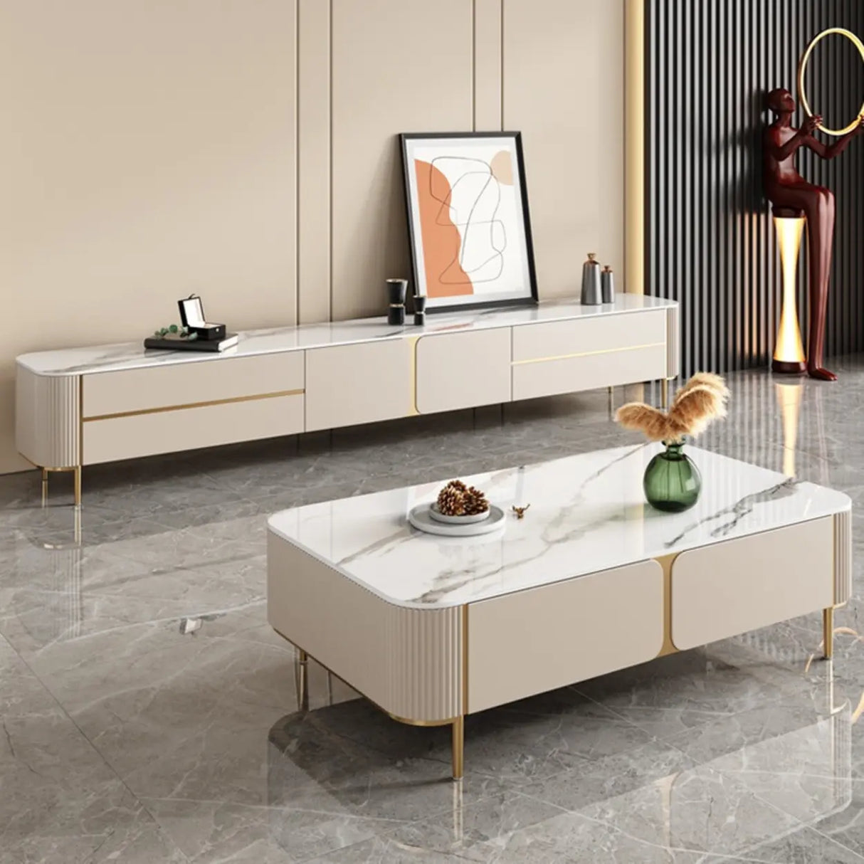 Glam Beige Stone Rectangle Drawers Cabinet TV Stand Image - 4