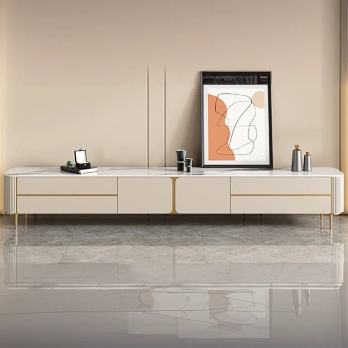 Glam Beige Stone Rectangle Drawers Cabinet TV Stand Image - 6