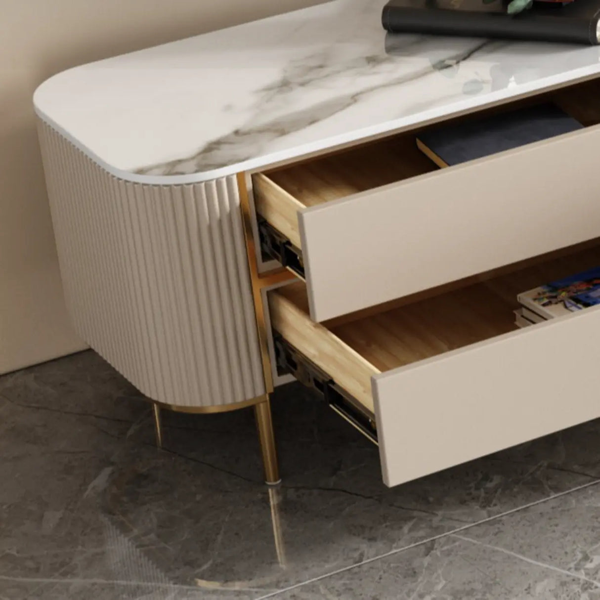Glam Beige Stone Rectangle Drawers Cabinet TV Stand Image - 7