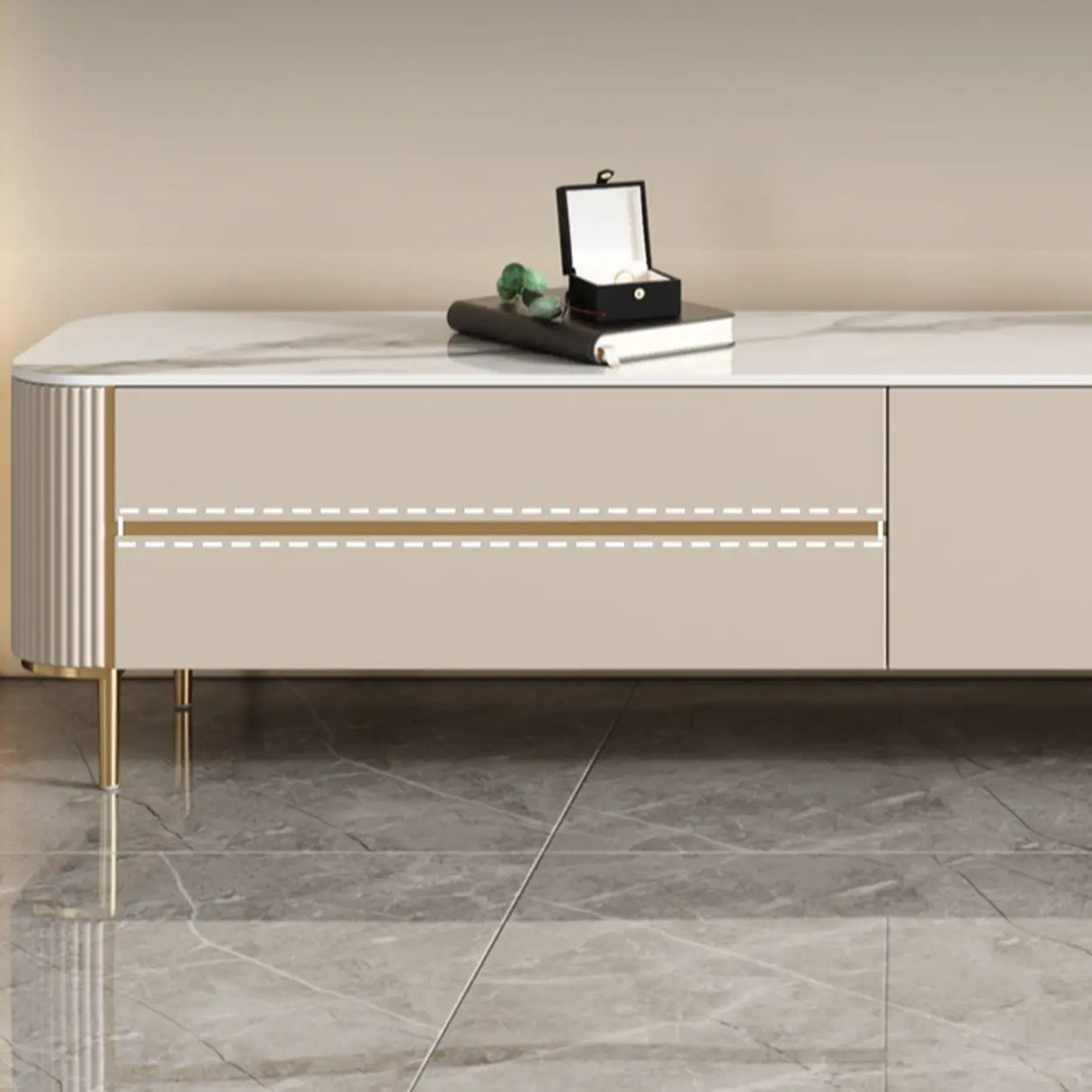 Glam Beige Stone Rectangle Drawers Cabinet TV Stand Image - 8