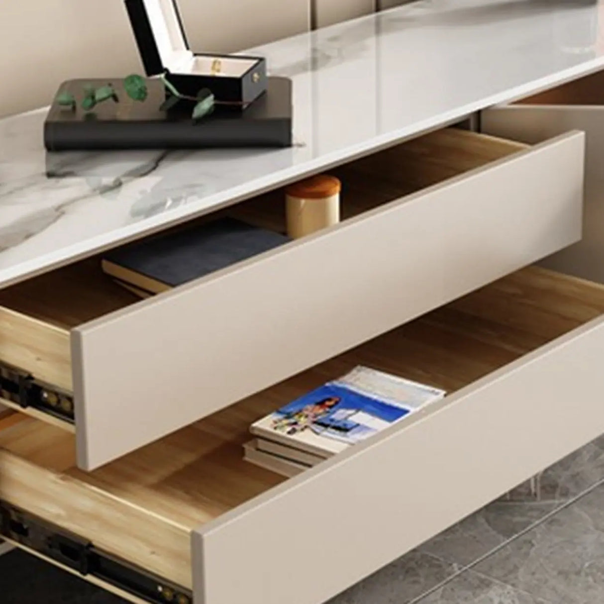Glam Beige Stone Rectangle Drawers Cabinet TV Stand Image - 9
