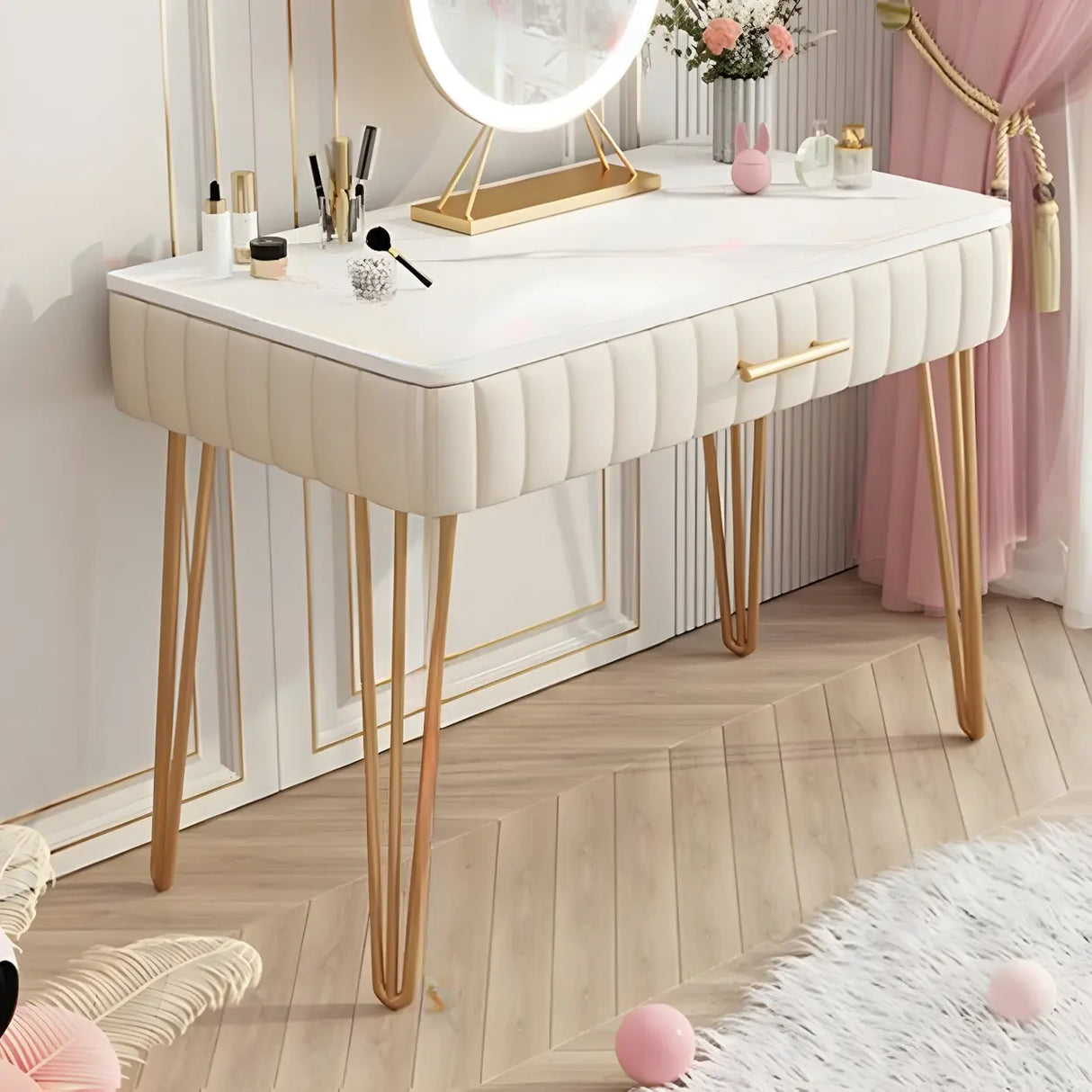 Glam Blackish Green Wood Makeup Vanity with Drawers Image - 11