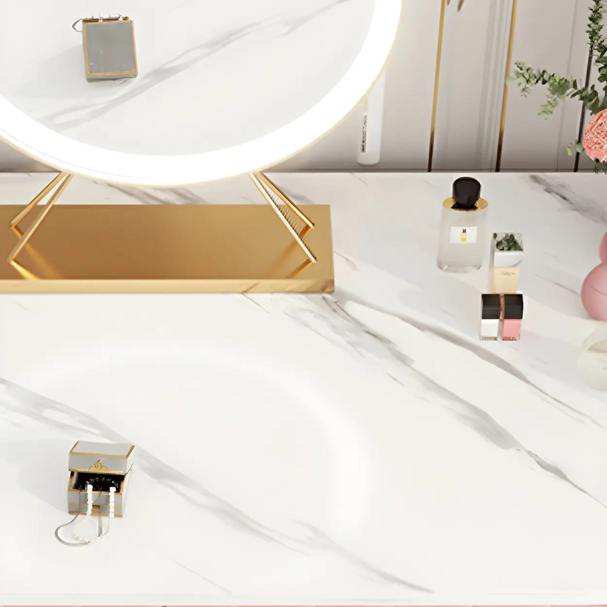 Glam Blackish Green Wood Makeup Vanity with Drawers Image - 12