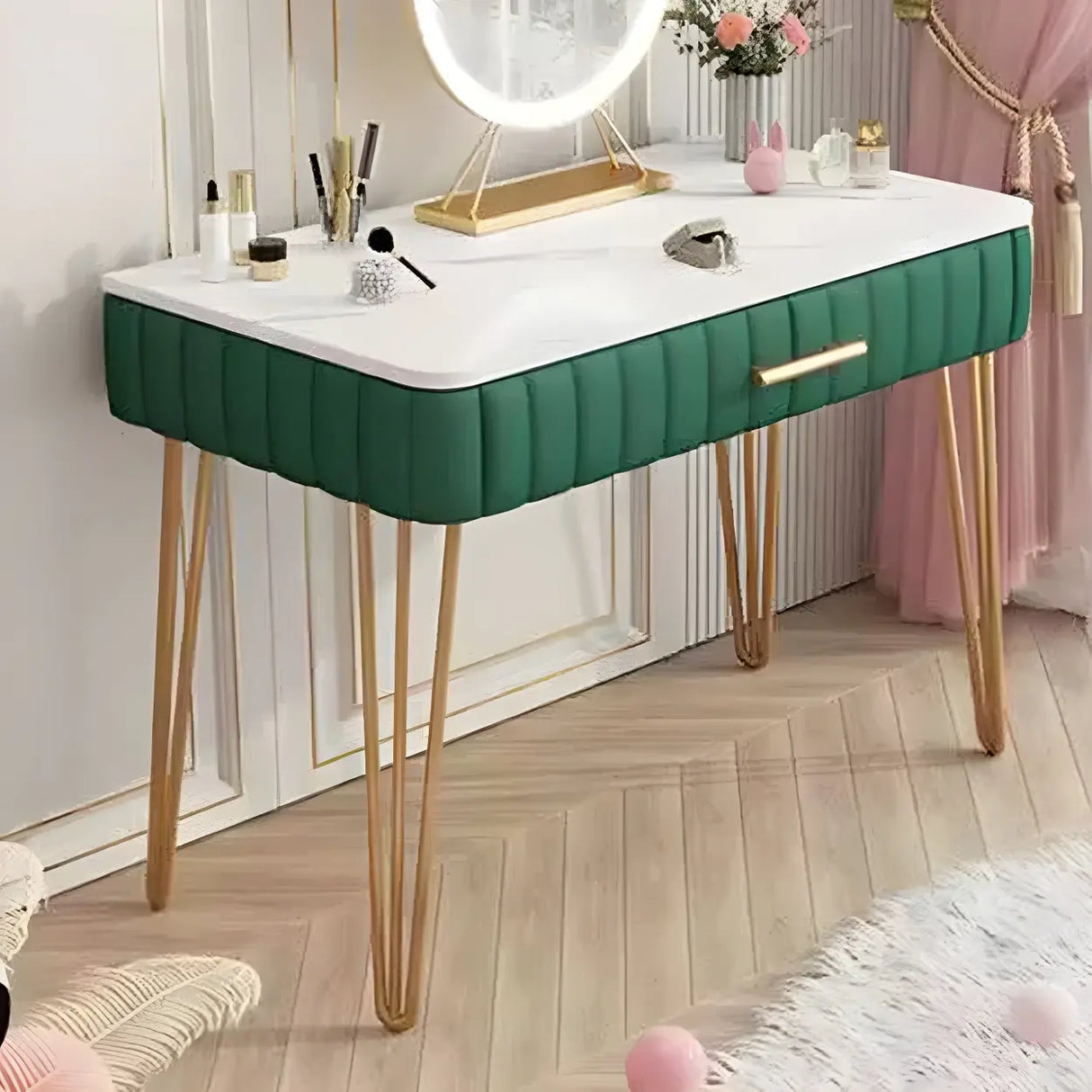 Glam Blackish Green Wood Makeup Vanity with Drawers Image - 13