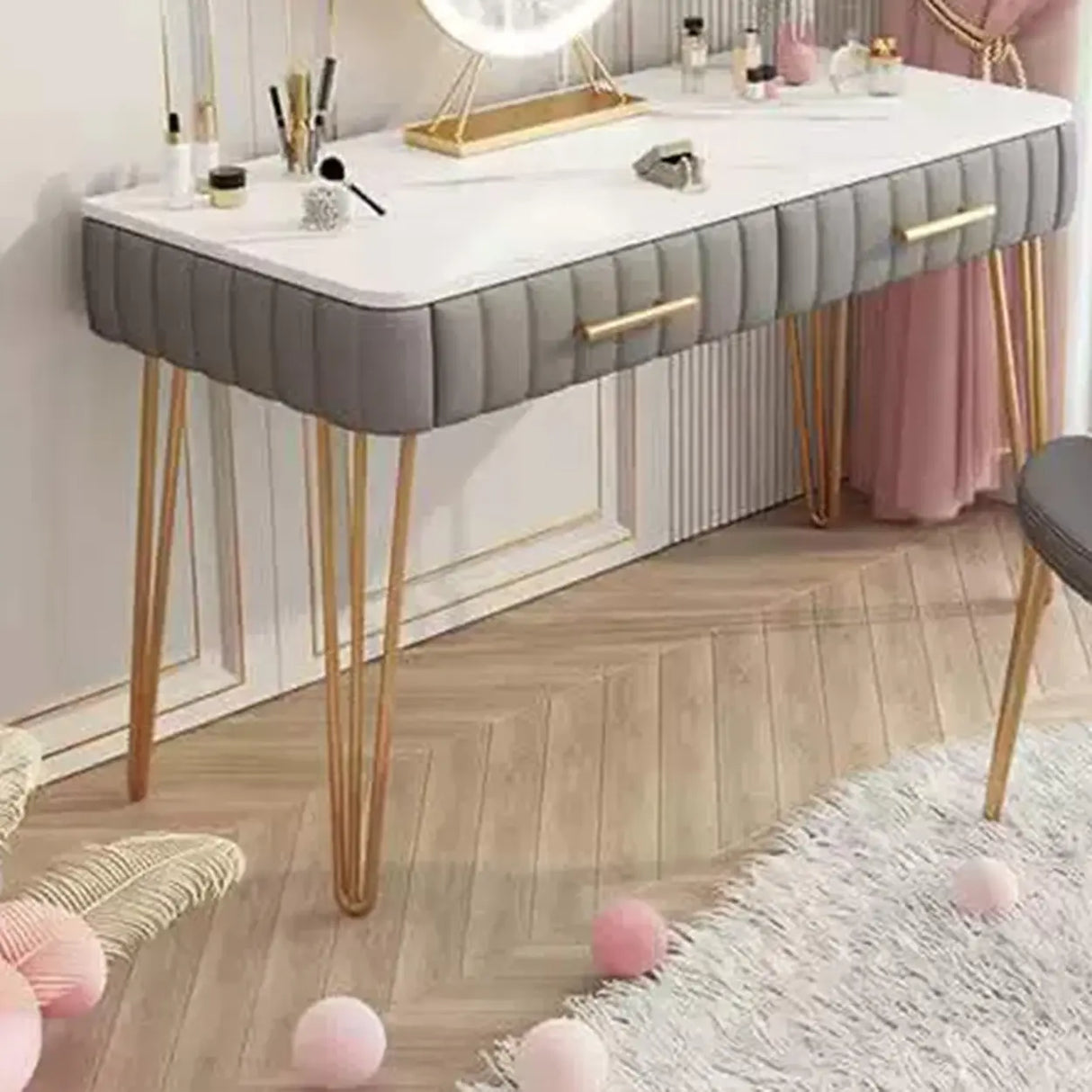 Glam Blackish Green Wood Makeup Vanity with Drawers Image - 15